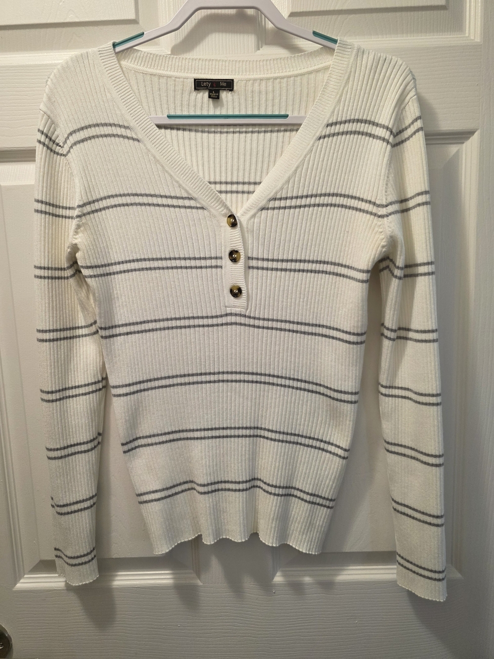 White Ribbed V-Neck Stripe Sweater with Button Detail
